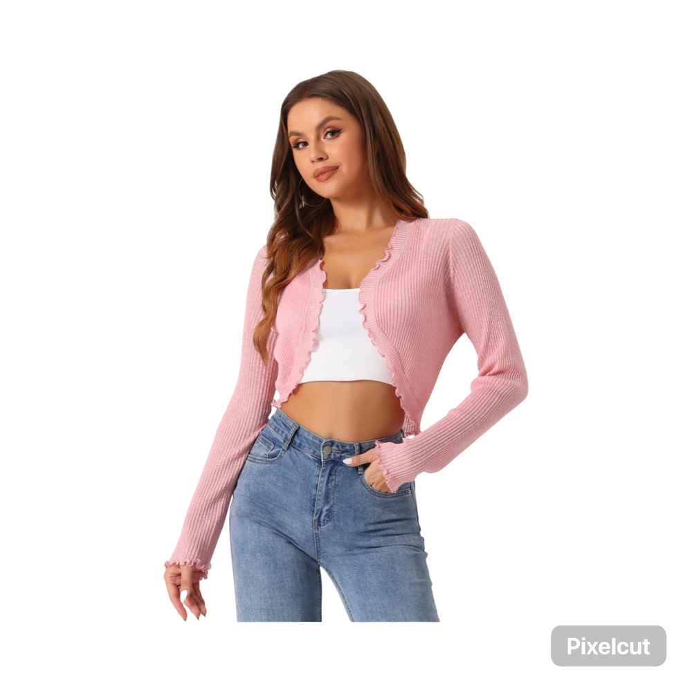 NWT Womens Cropped Allegra K Pink Ruffled Cardigan Size large